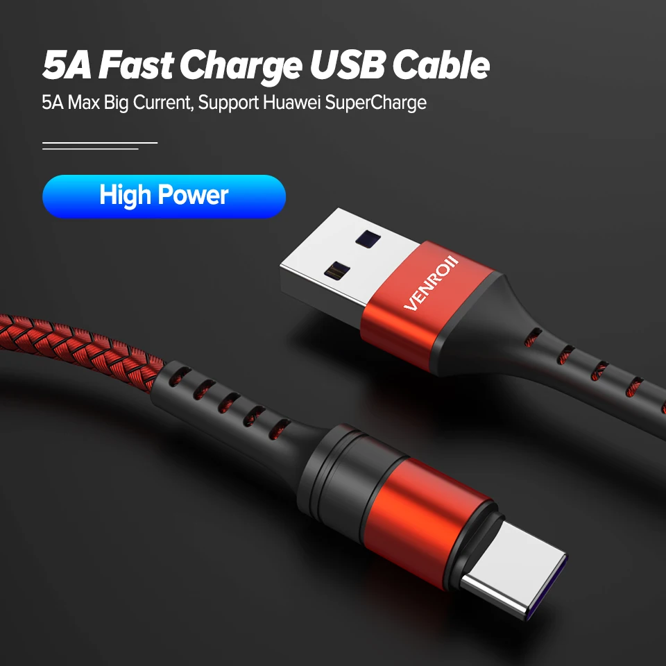 Venroii 5A usb type-C кабель для huawei mate 20 Pro P20 Lite Supercharge USBC кабель для быстрой зарядки type-C кабель для huawei P30 Pro