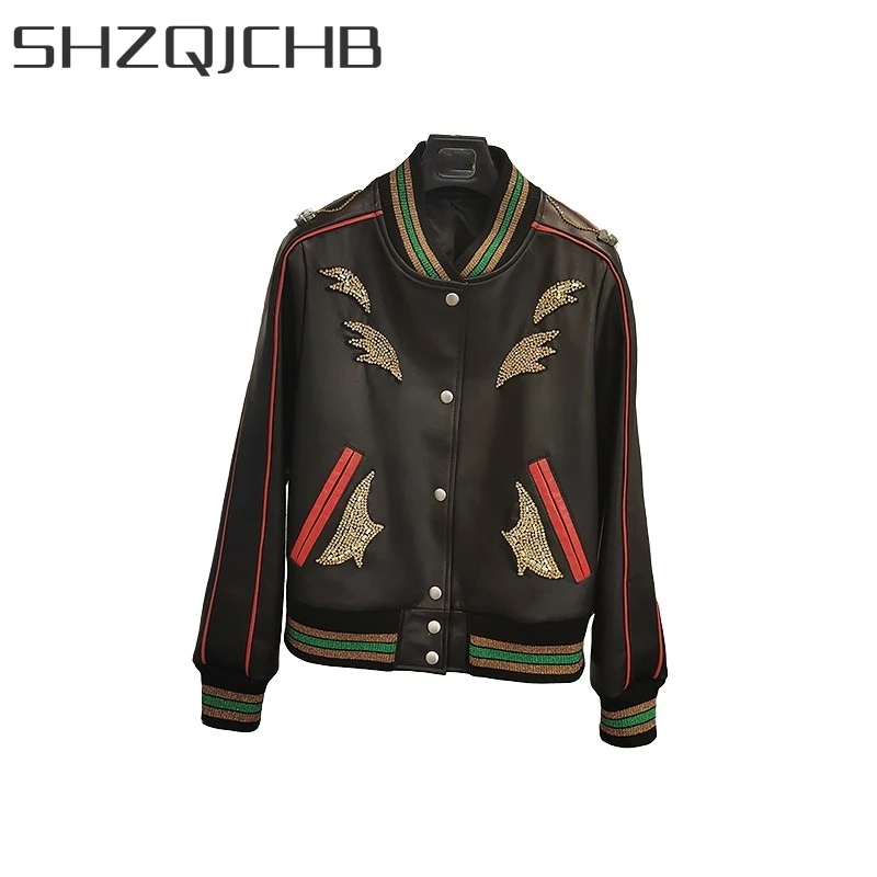 

JCHB 2021 High Quality Natural Sheepskin Biker Jacket Womens Casual Short Loose Single Breasted Pockets Beading Genuine Leather