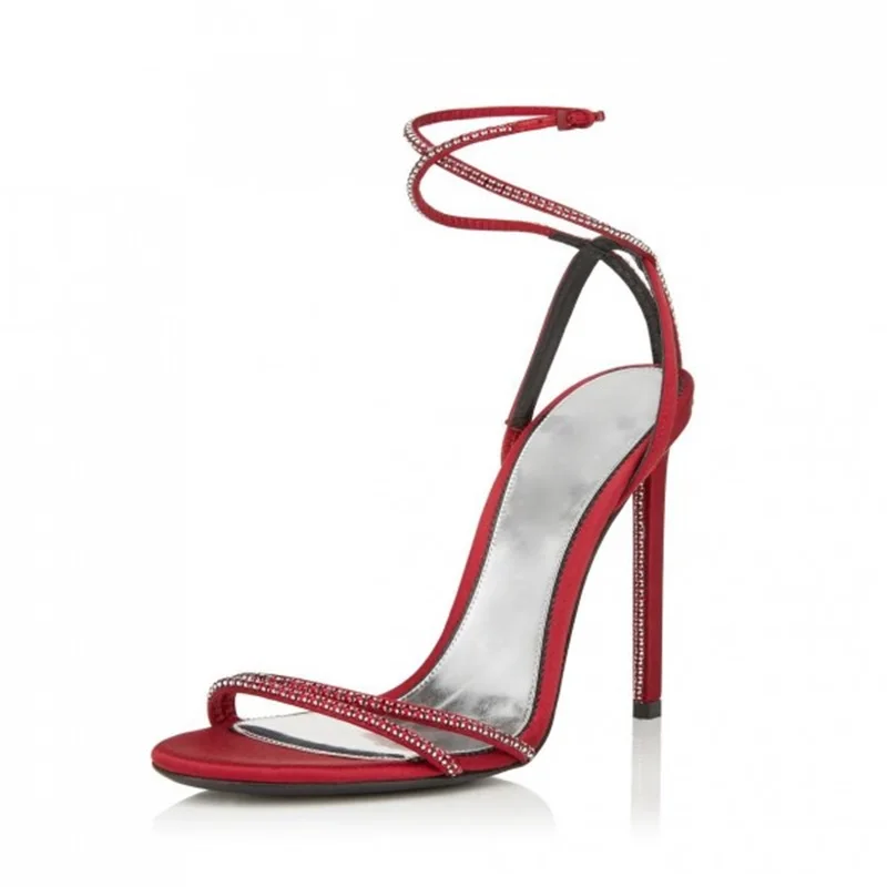 

Women Sexy Red Suede Leather Ankle Buckle Strap Sandals Elegant Crystal Embellished High Thin Heel Banquet Dress Shoes