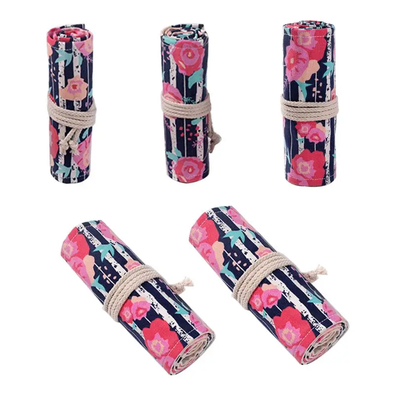 

T3EE 12/24/36/48/72 Holes Canvas Rose Roll Up Pen Curtain Pencil Bag Case Makeup Wrap Holder Storage Pouch School Supplies