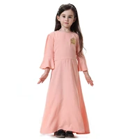 solid color maxi dress abaya kaftan for kids girl bow tie slim long sleeve muslim children dress islam dubai turkey modset robe