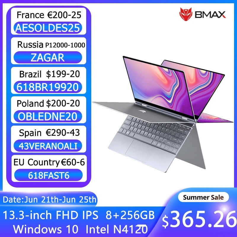 BMAX Y13 360 Ноутбук 13 3 дюймов Тетрадь Windows 10 8 Гб LPDDR4 256GB SSD 1920*1080 IPS Intel N4120 сенсорный