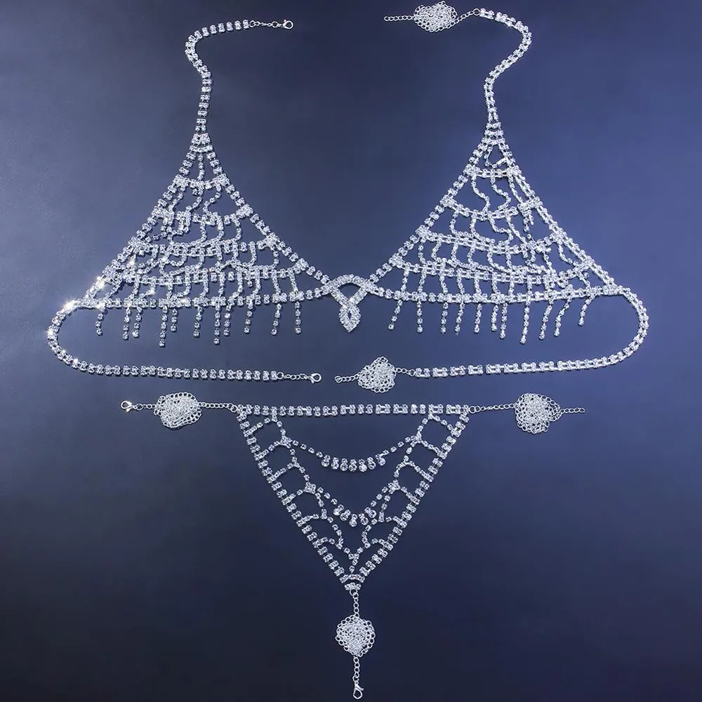 

Sexy Rhinestone Tassel Body Chain Harness Bra for Women Valentine's Day Luxury Crystal Thong Belly Waist Chain Body Jewelry