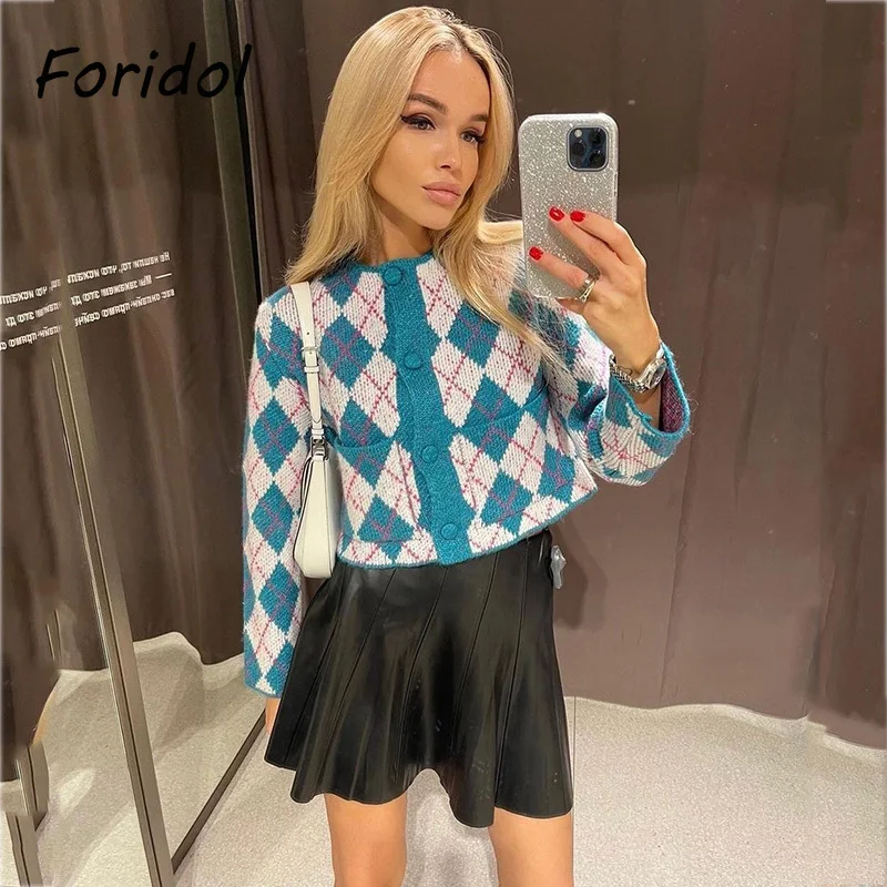 

Foridol Vintage Argyle Knitted Short Cardigan Blue Women Sweater Autumn Winter O Neck Pockets Retro Cropped Cardigan Femme