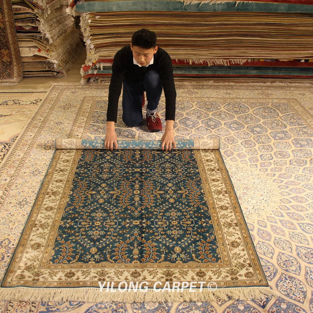 YILONG 4 'x 6' Восточный шелковый ковер элегантный синий Шелковый Ковер hereke (YJH046B) |