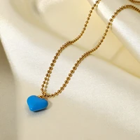 charm18k gold plated stainless steel tarnish free bead chain jewelry blue enamel heart pendant necklace for women