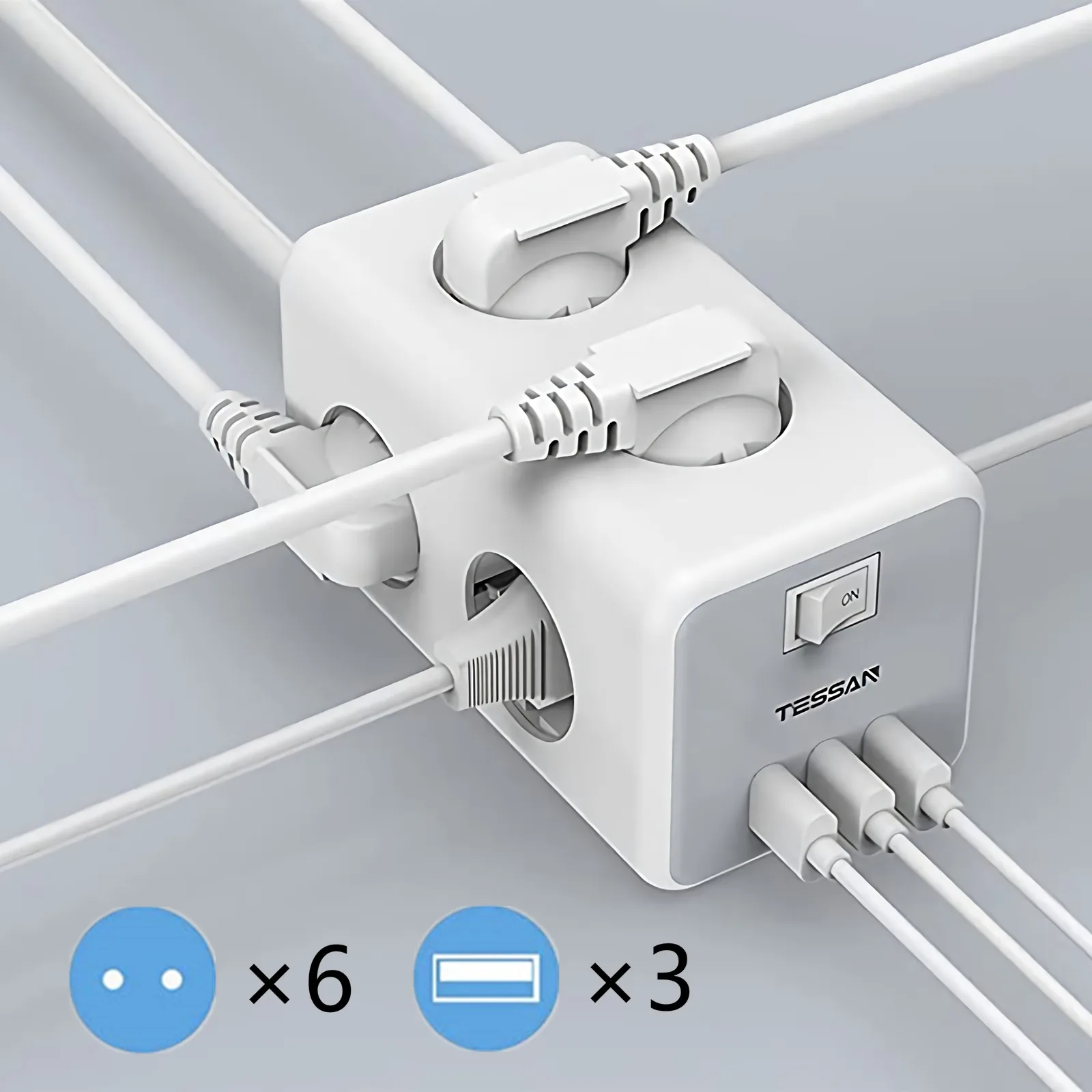 

TESSAN Wall Mountable Multiple Sockets Power Strip EU Plug with 6 AC Outlets 3 USB Charging Ports Switch 2M/6.5ft Extension Cord