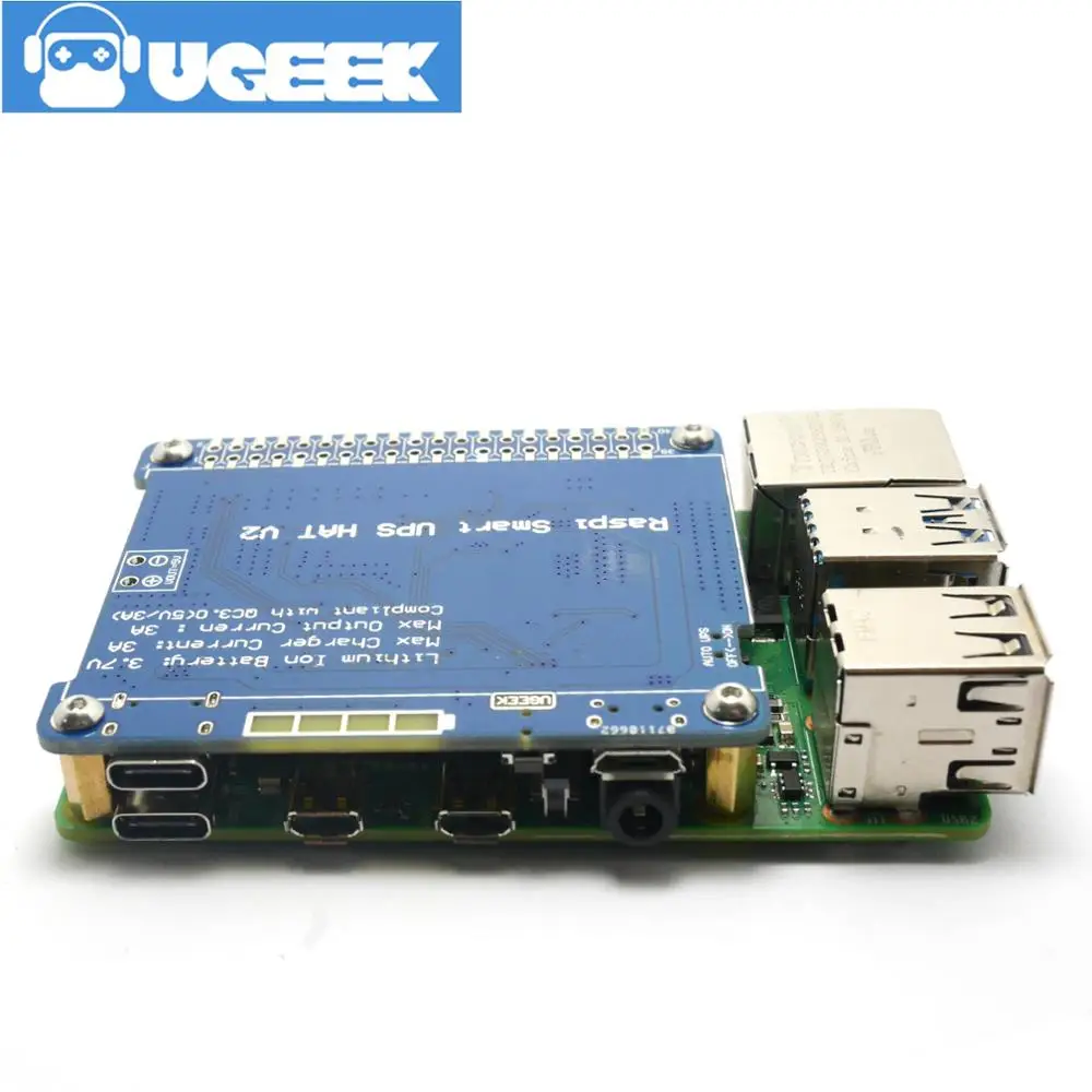 Шапка UGEEK с аккумулятором для Raspberry 4B/3B +/3B поддержкой зарядного устройства 3A/тока