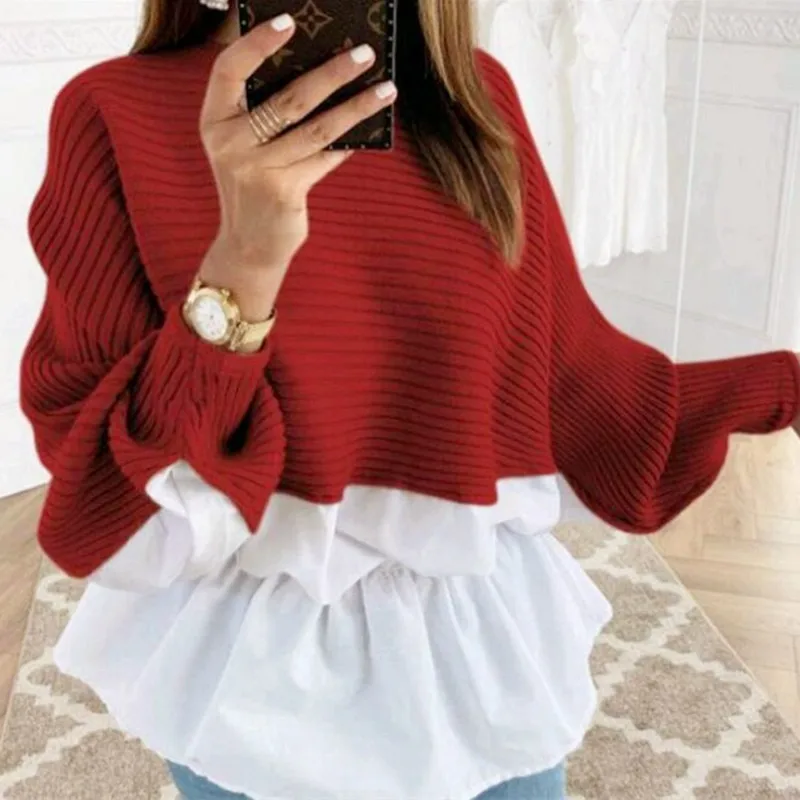 Winter Fashion Ruffled knitted Jumper Sweater Patchwork Loose Shirt Casual Streetwear Female Womens Long Sleeve Blusas Pullover | Женская