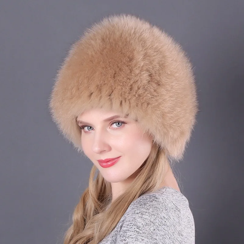 Женские шапки из натурального меха лисы Зимние эластичные роскошные меховые шапки вязаные на подкладке из енота, лисы меховые шапки русские шапки-бомберы - Цвет: color1