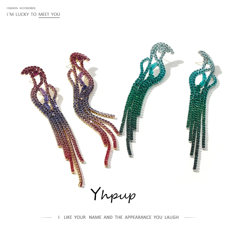 Yhpup Модные Птицы животных Роскошные Длинные серьги Стразы Медь высокое качество
