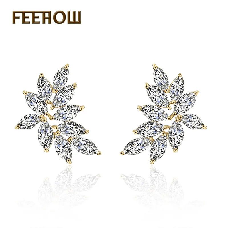 Gold Color FEEHOW высококачественные серьги-гвоздики в форме цветка из прозрачного кубического циркония для женщин, модные свадебные ювелирные изделия FWEP2233 - Окраска металла: Gold Color