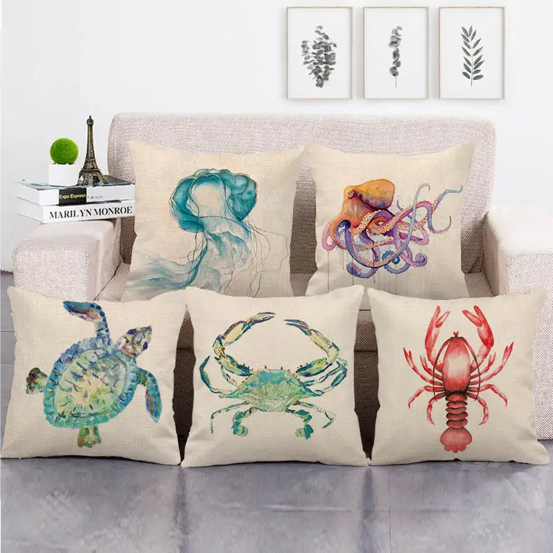 45 см * акварель Морская жизнь дизайн лен/хлопок Пледы Подушки Чехлы ДИВАНЕ
