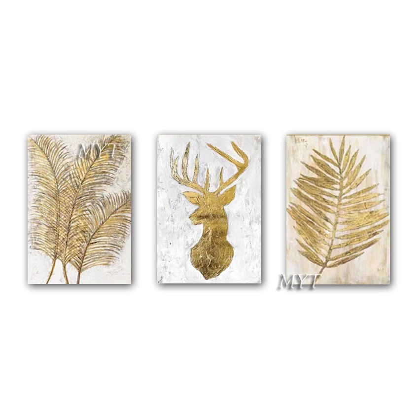 

Hand Drawn Gold Foil Abstract New Design Oil Painting Artwork Canvas Wall Decor Art 3 Panel Abstract Paintings For Living Room