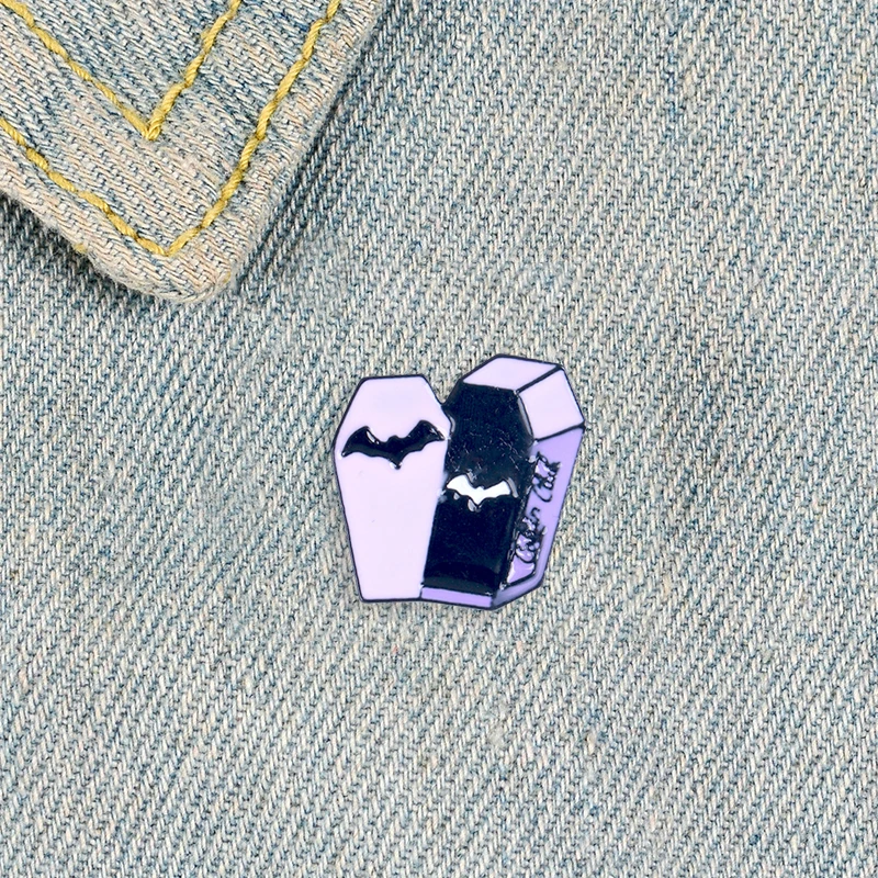 Creative Cartoon Purple Coffin Metal Enamel Brooch Fashion Dark Bat Halloween Badge Unique Lapel Backpack Jewelry Gift for Kids images - 6