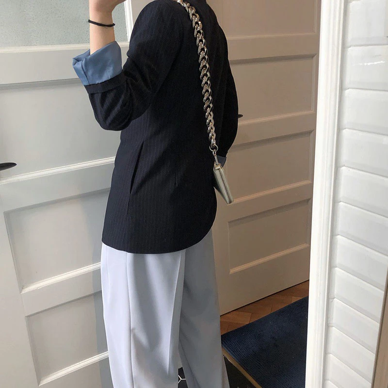 

elegant 2021 New spring Women Asymmetrical Stripe Blazer Loose Single Button Casual Blazer Coat Korean