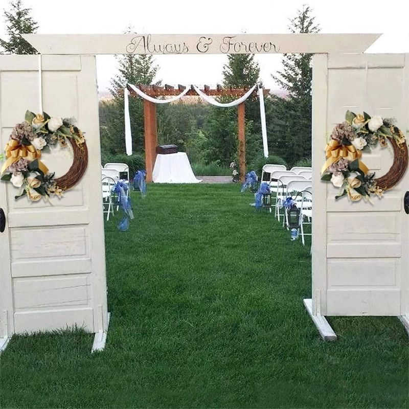 

Artificial Rose With Bowknot Flower Wreath Spring Door Garland Summer for front Door Window Wedding Hanging Home Decor