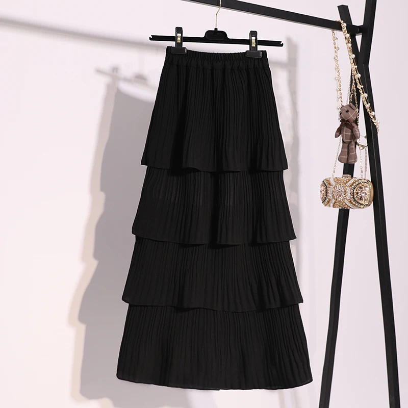 Fitaylor 2020 Women New Black White Korean Style Long Skirt Female 4 Layered Summer Pleated Chiffon Layer Cake Sun | Женская одежда