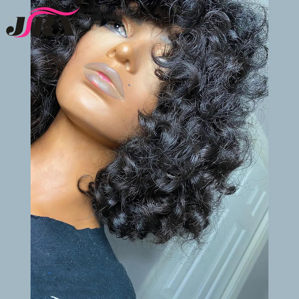 

Loose Curly Human Hair Fringe Wigs for Women Peruvian Remy Curly Full Machine Made Short Bob Human Hair Wigs with Bangs Glueless