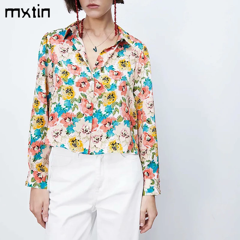 

MXTIN 2021 Женская Весенняя модная Свободная блузка с цветочным принтом, винтажные женские рубашки с длинным рукавом и воротником с лацканами, п...