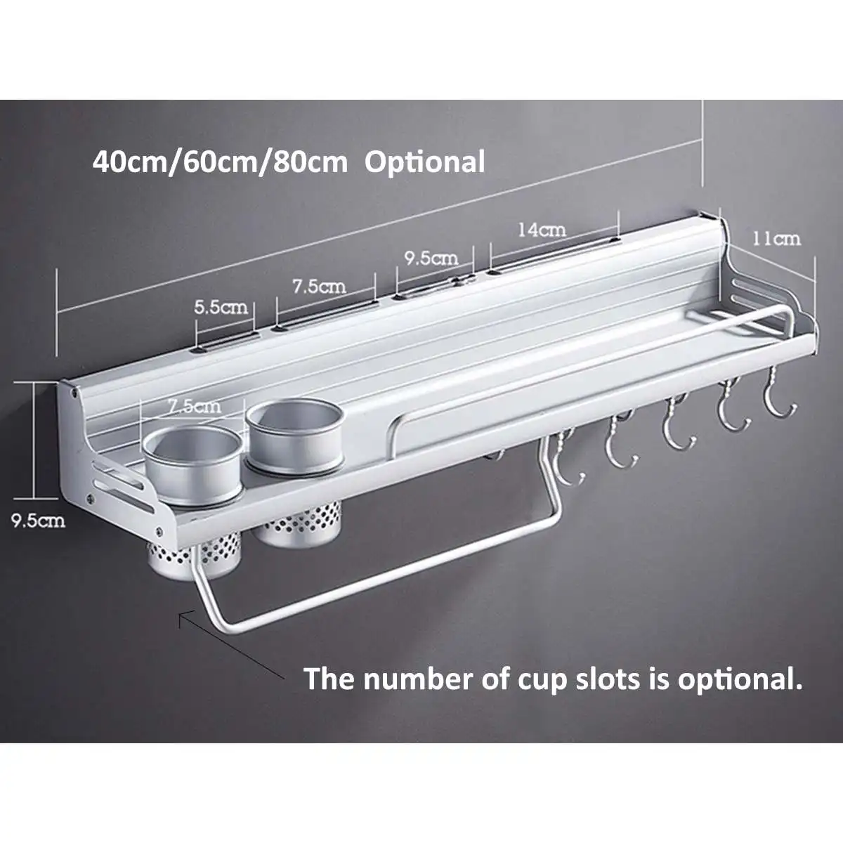 

80/60/40cm Multifunctional Space Aluminum Kitchen Rack Wall-mounted Pot Pan Storage Rack with Bottle Hang Blocks