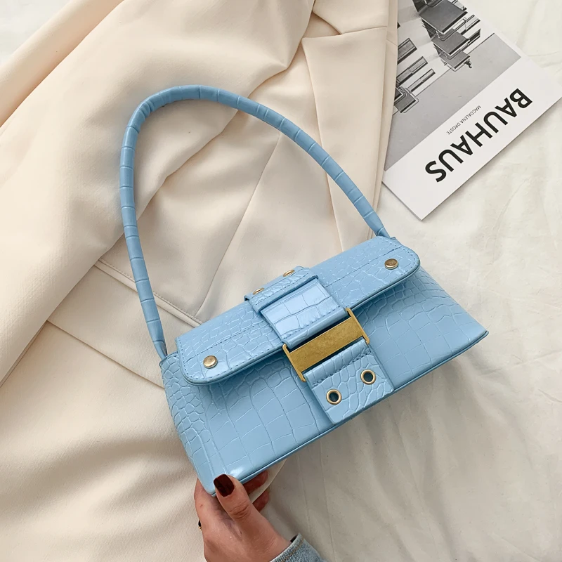 Solid Color Buckle Women Armpit Handbags Fashion New Ladies Small Shoulder Bags Crocodile Pattern PU Leather Female Underarm Bag