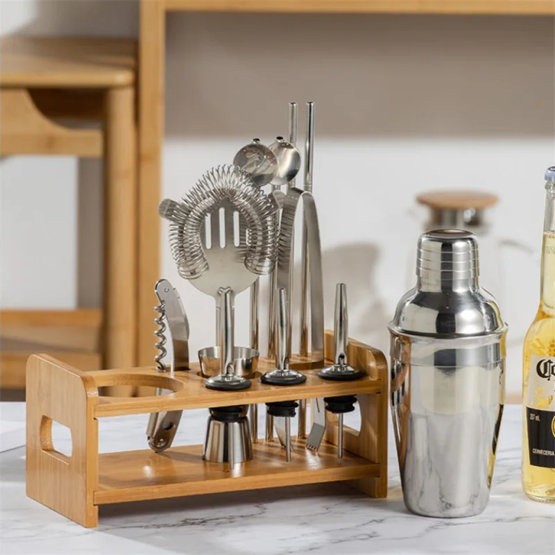 

Хит продаж 2022, набор коктейлей из 13 предметов, набор коктейльных шейкеров из нержавеющей стали с бамбуковой подставкой, набор для бармена, д...