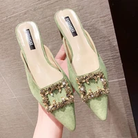high heeled slippers for women to wear in summer new joker fashion rhinestone sandals with thick tips and half heels in baotou