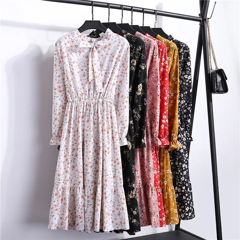

Bow Tie Collar Boho Mid-calf Beach Dresses Korean Women Office A Line Slim Chiffon Dress Autumn Party Floral Print Dress Vestido