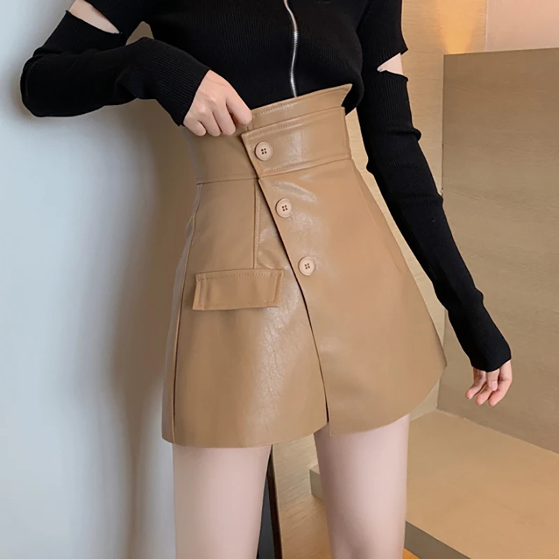 

Oblique Breasted PU Leather Mini Shorts Skirt Women Zipper Cool Girls Streetwear Leather Warp Skirt Irregular Sexy Slim Fit M140