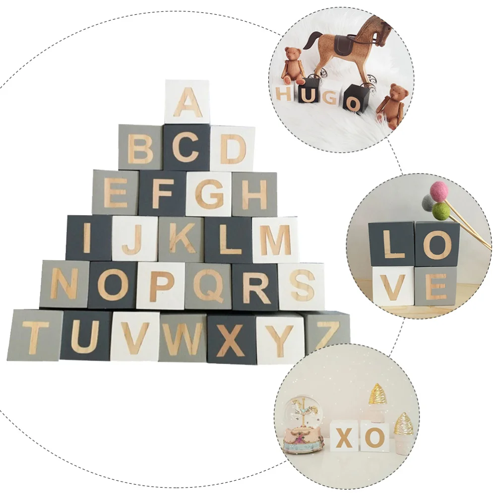 

26pcs Wooden Alphabet Blocks Letters Cubes Photo Props Party Decoration