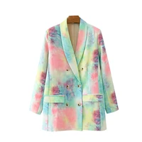 autumn women fashion double breasted colorful tie dye print blazer coat vintage long sleeve pockets female outerwear chic tops