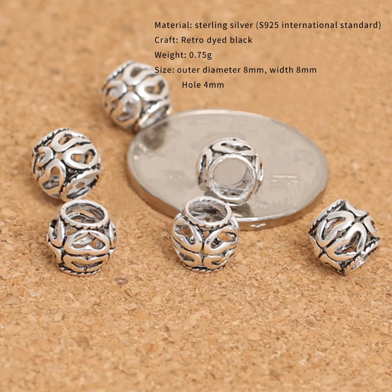 Wholesale S925 Sterling  Jewelry Thai Silver Diy Bracelet Accessories 8mm Heart-shaped Large Hole Gilver  Loose Beads