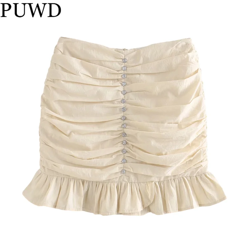 

PUWD Elegant Women Button High Waist Mini Skirts 2021 Summer Fashion Ladies Beige Folds Streetwear Skirt Sweet Girls Chic Skirt