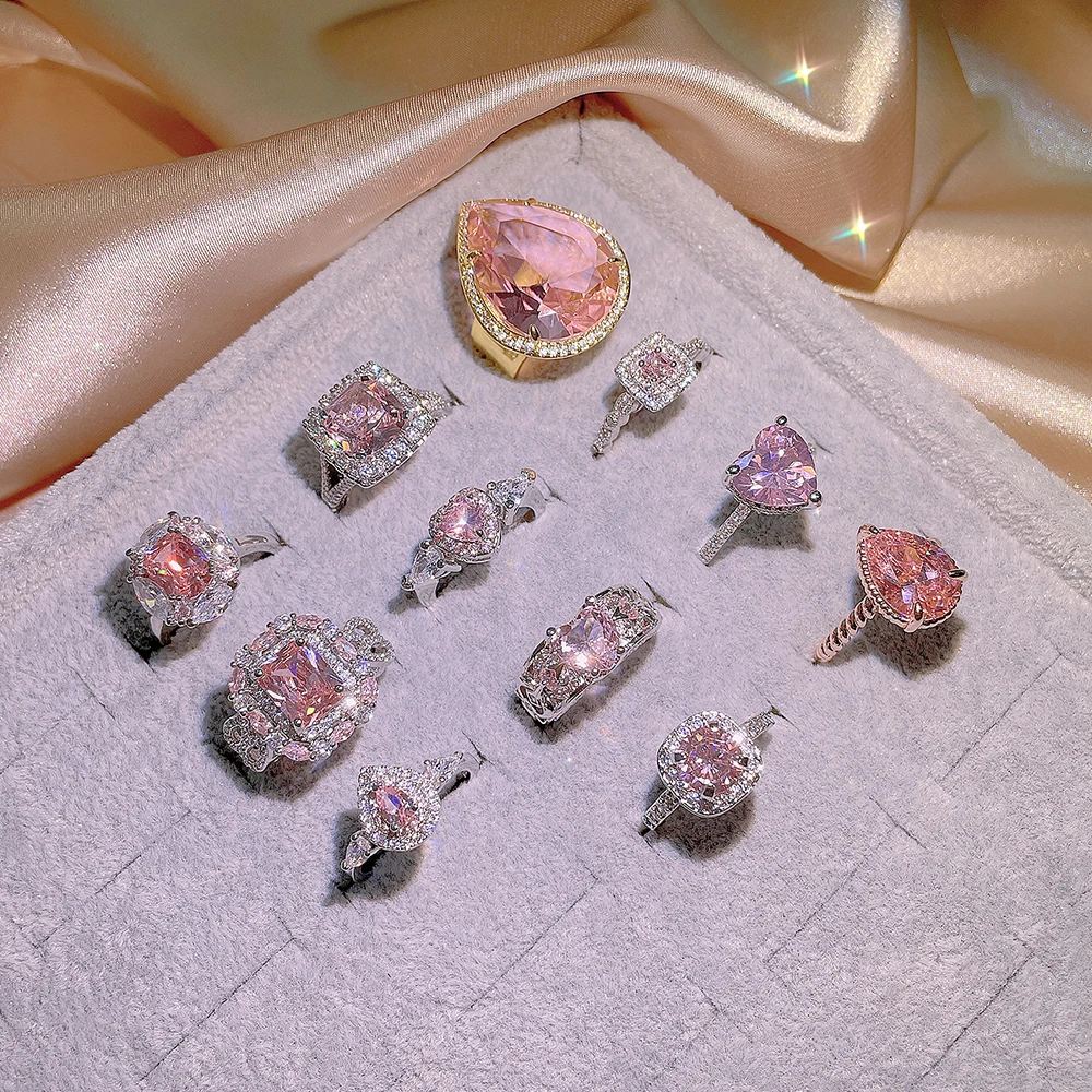 

Новинка 2021, классическое обручальное кольцо из серебра 925 пробы с инкрустированным цирконием, женское ювелирное изделие с розовым кристалл...
