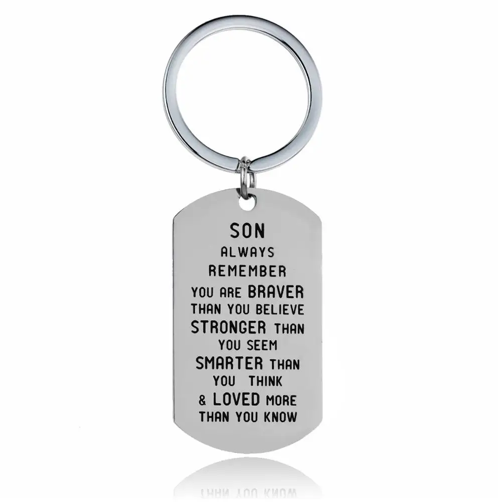 

12PC Son Always Remember You Are Braver Than You Believe Keyrings Stainless Steel Dog Tag Charm Pendant Keychains Inspire Gifts