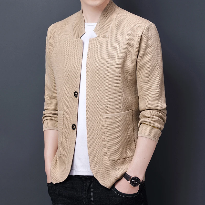 2021 new high-end men's fashion business casual stand collar casual solid color suit style sweater coat mens knitted sweater