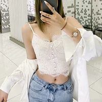 women white lace cami summer slim fit classy chic spaghetti strap sleeveless top with button front design back elastic clothes