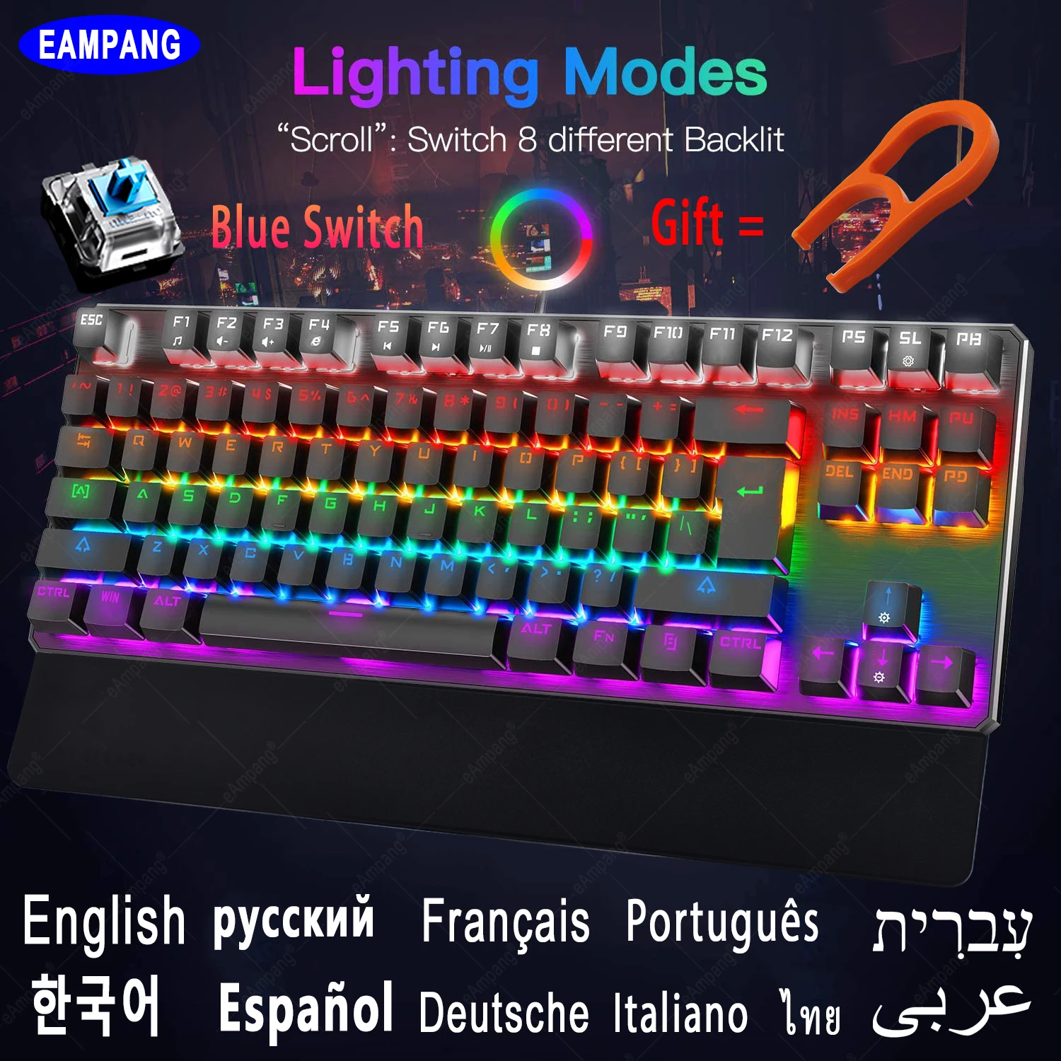 

Mechanical Gamer Keyboard 87 keys Blue Switch Arabic Russian Spanish Backlit Gaming Keyboard for Laptop Desktop Wrist Rest