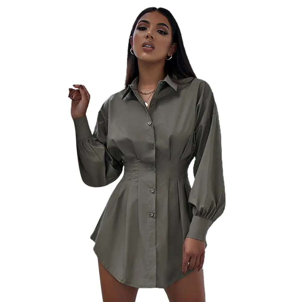 

2021 Fashion Sexy Women Solid Color Waist Tight Long Sleeve Buttons Mini Shirt Dress Skirt