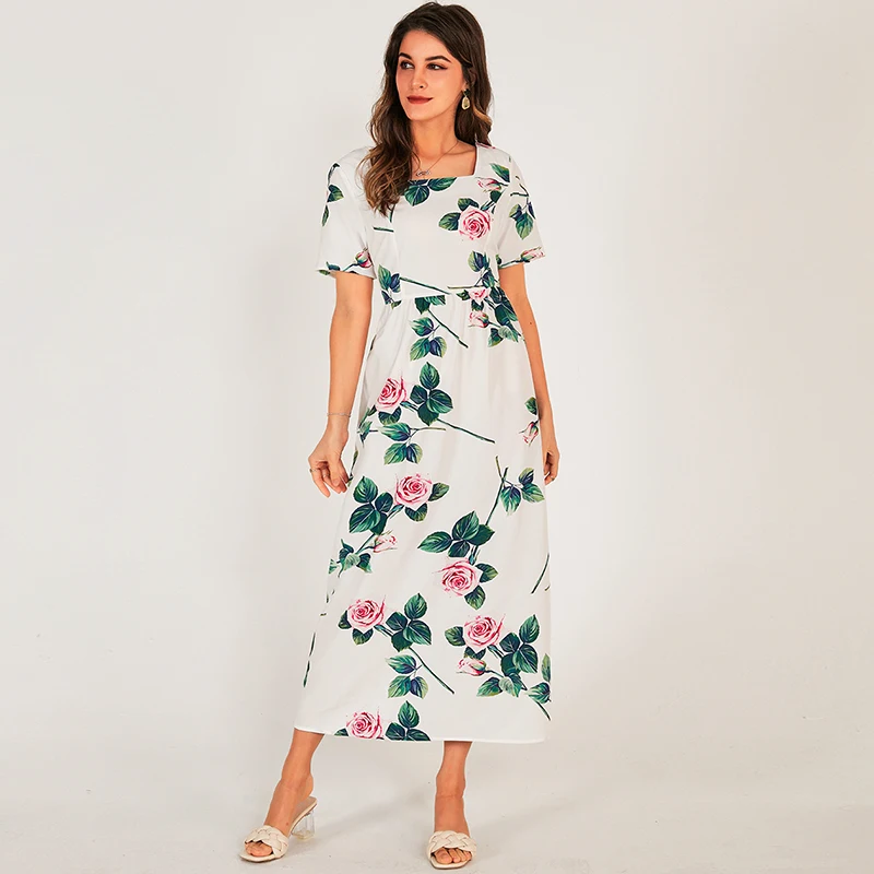 

Dresses Woman Summer 2021 Holiday Casual Style White Square Collar Vintage Floral Print Short-Sleeve Sweet Elegant Maxi Dress