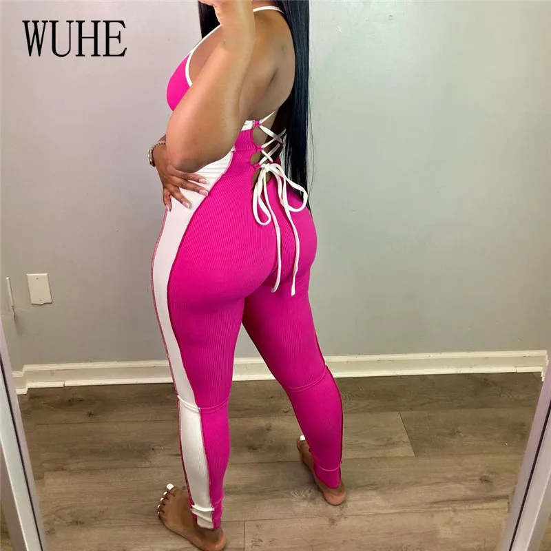 

WUHE Streetwear Jumpsuits Off Shoulder Stitching Color Spaghetti Strap Package Hip Skinny Sleeveless Nightclub Party Overalls
