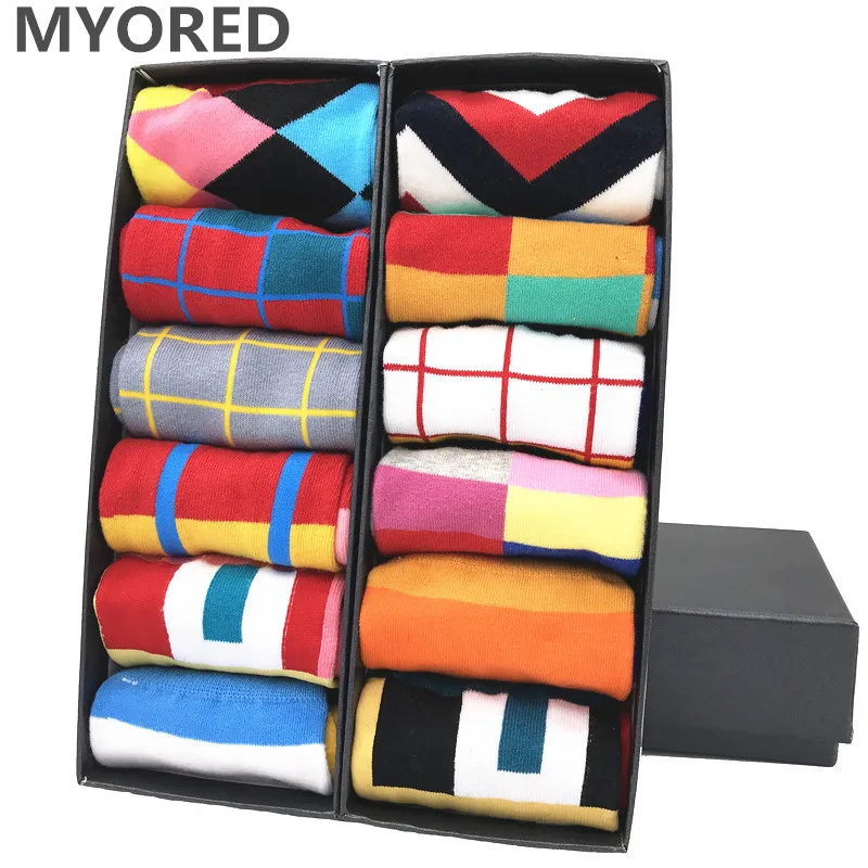 MYORED 12 пар/лот модные геометрические квадратные мужские носки забавный стиль