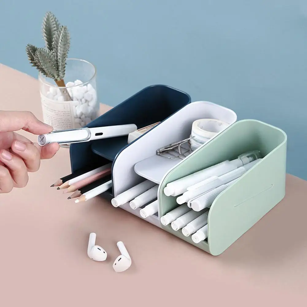 

Magnetic Double Layer Desktop Storage Box Pen Stationery Case Holder Organizer