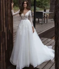 Элегантное свадебное платье, 2021, прозрачное кружевное платье-трапеция со шлейфом, длинными рукавами, аппликациями, блестками и пуговицами
