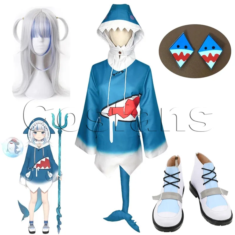 

Hololive ENG Gawr Gura Косплей Костюм Акула шляпа костюм HololiveEN Аниме Костюмы Женщины милое синее тело Акула Хэллоуин Вечерние