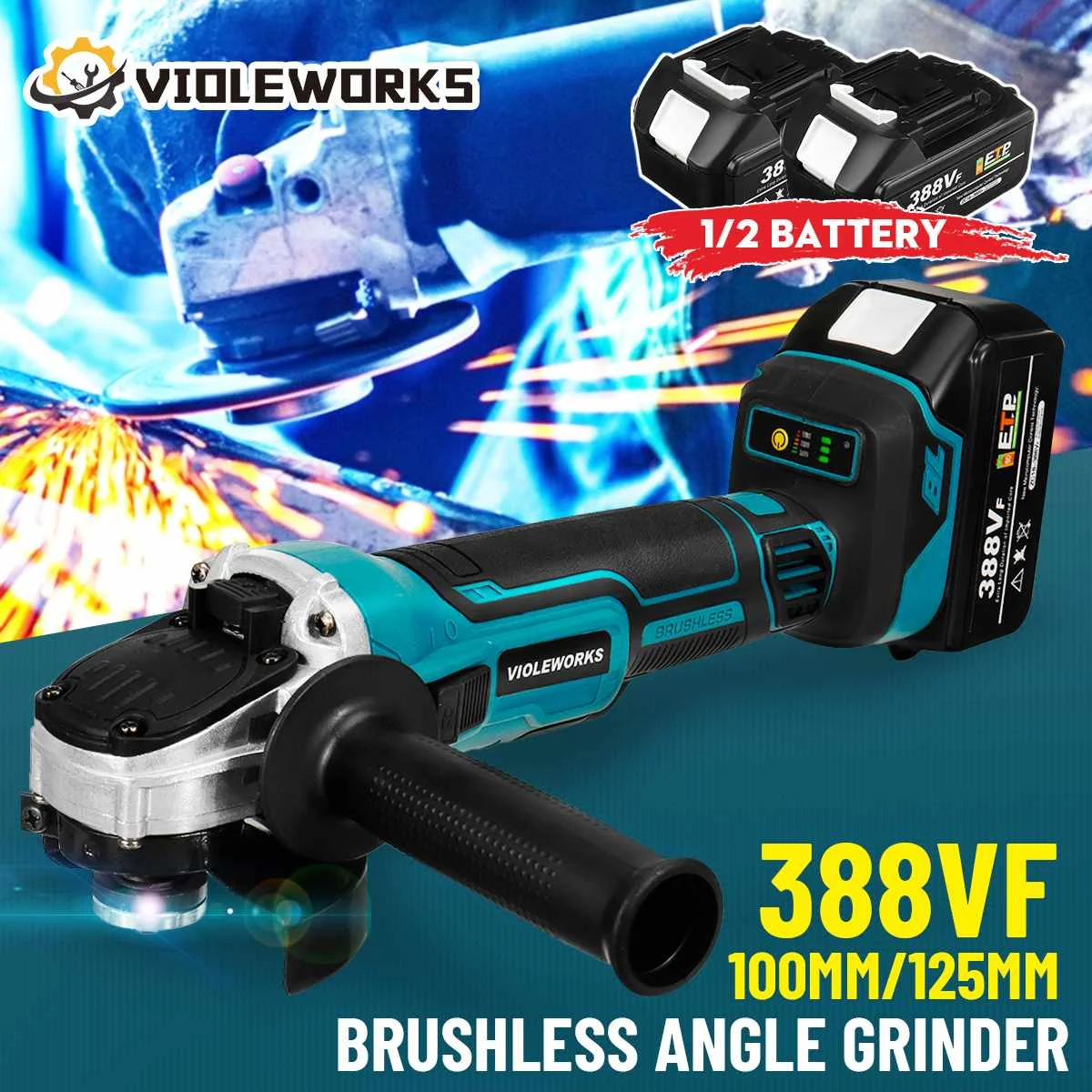 

388VF Cordless Angle Grinder Variable Speed Grinding Machine Cutting Electric Angle Grinder Brushless Power Tool W/ 1/2Batteries