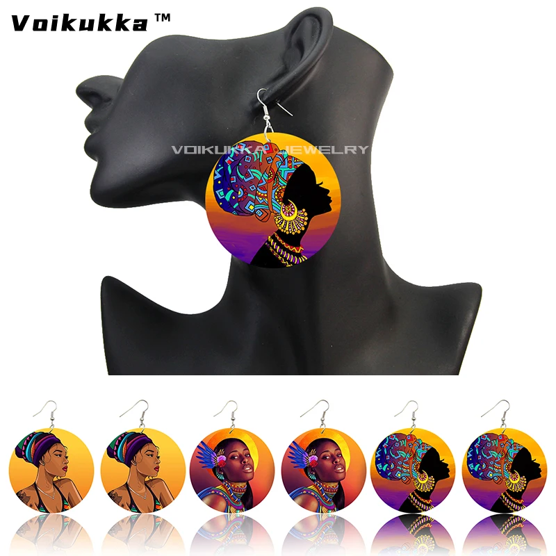 

Voikukka 6 CM Circle Wooden Jewelry Both Sides Printing African Women Pattern Drop Dangle Fashion Earrings For Gifts