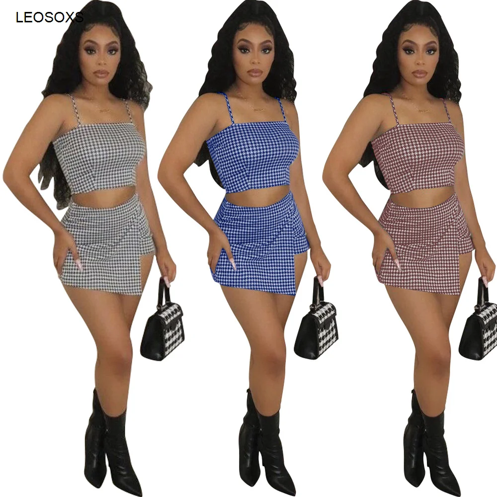 

Women's Summer 2021 New Thousand Lattice Suspender Tube Top Sexy Fashion Trouser Skirt Three Color Two Piece Set