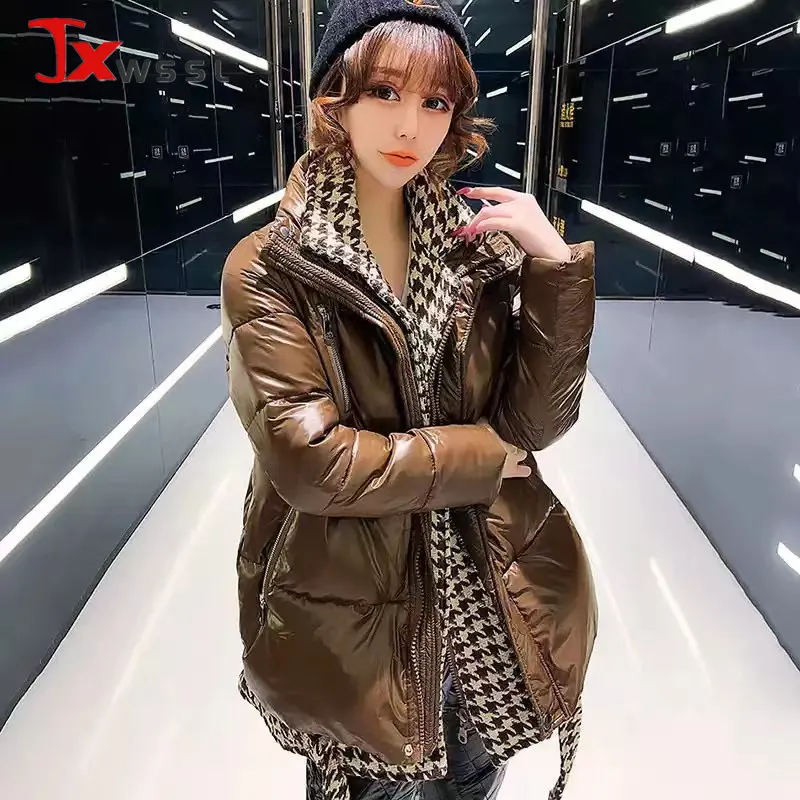 

Fake two Cotton Coat Women Winter Jacket Fashion Houndstooth Splicing Loose Padded Coat No-wash Gloss Soft Female Parka